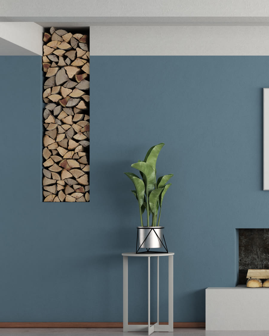 Salon aux murs bleu ardoise avec cheminée et étagères